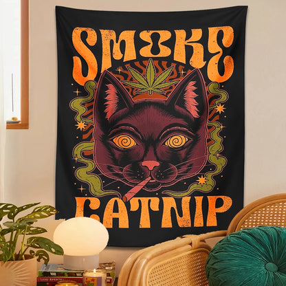 Smoke Catnip Tapestry Wall Hanging retro tarot cat smoke leaf Mysterious Divination Witchcraft Black Cool home dorm room Decor