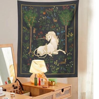 Mythical Unicorn Tapestry Wall Hangings Forest Fantasy Aesthetic Room Decor Heraldic Medieval Tapestry Art Fairytale Anime Decor