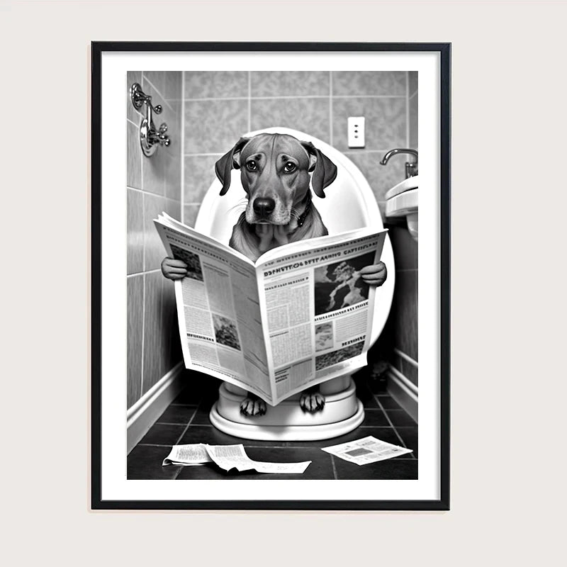 Funny Bathroom Humorous Animal Wall Decor Bear Dog Tiger Sitting on Toilet Reading Newspaper Poster Art Print Canvas Painting - NICEART