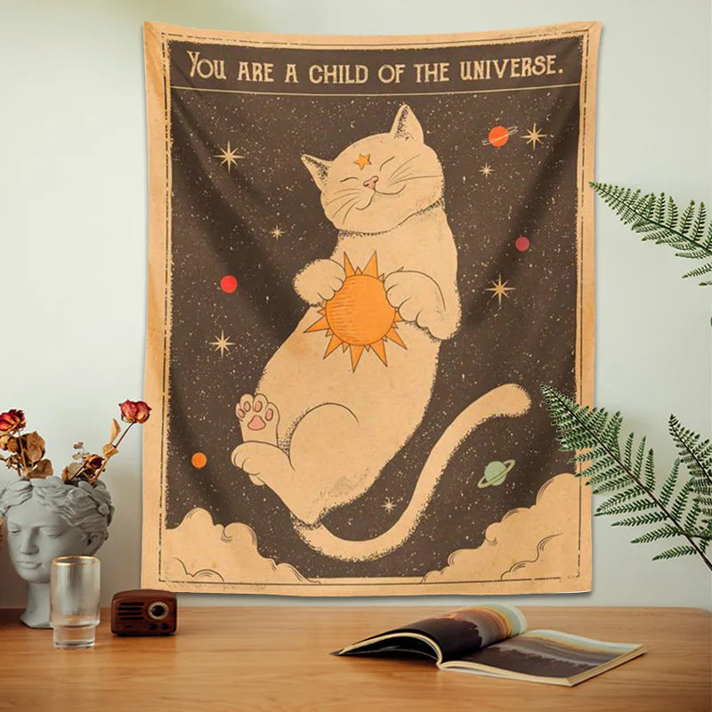 Sun moon Tarot Cat Tapestry  Wall Hanging Witchcraft you are a child of the universe Bohemia Home Decor Hippie Bedroom Decor - NICEART