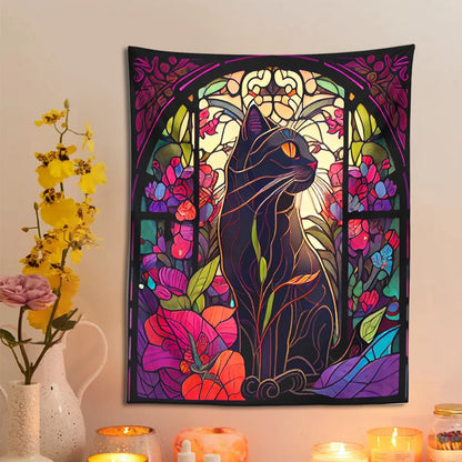 Mystery Cat Tapestry Wall Hanging Stained Glass Floral Wall Art Print Cute Cat Wall Decor Cat Lovers Gift Boho Home Room Decor