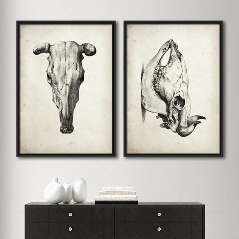 Vintage Illustration Poster Canvas Painting And Prints Pictures Cow Skull Sketch Drawing Animal Skull For Living Room Home Decor - NICEART