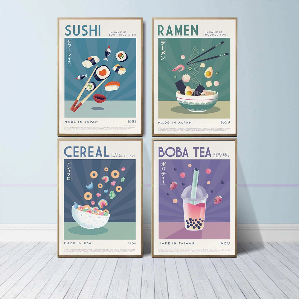 Canvas Painting Japanese Food Wall Art Prints Funny Ramen Sushi Boba Tea Cereal Poster Kitchen Art for Living Room Home Decor - niceart