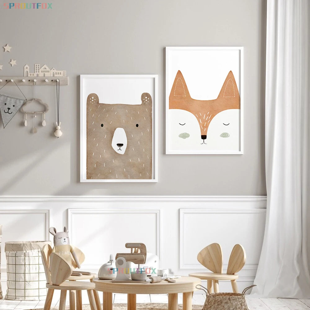 Woodland Animal Bear Fox Deer Rabbit Canvas Painting Nursery Wall Art Poster Children Baby Room Decoration Home Decor Picture - niceart