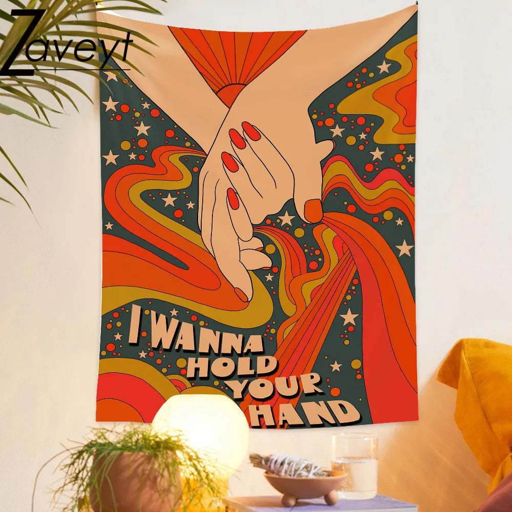 75x58cm Boho Couple Style "I wanna hold you hand" Sun Rainbow Tapestry Wall Hanging Retro Style Sun Trippy Aesthetic Room Decor - NICEART