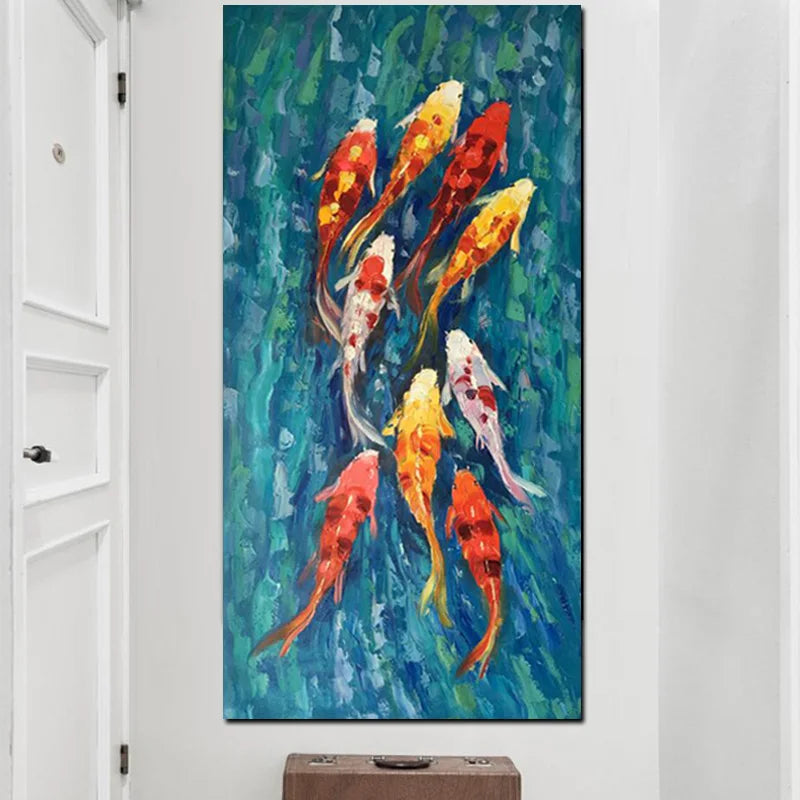 Wall Art Picture Chinese Style Abstract Nine Koi Fish Landscape Oil Painting On Canvas Print Poster For Living Room Modern Decor - NICEART