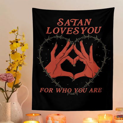 Tarot Card Tapestry Wall Hanging Satan Loves You Witchcraft Bohemian Style Tarot Decoration Hippie Mattress Dorm Room poster - NICEART