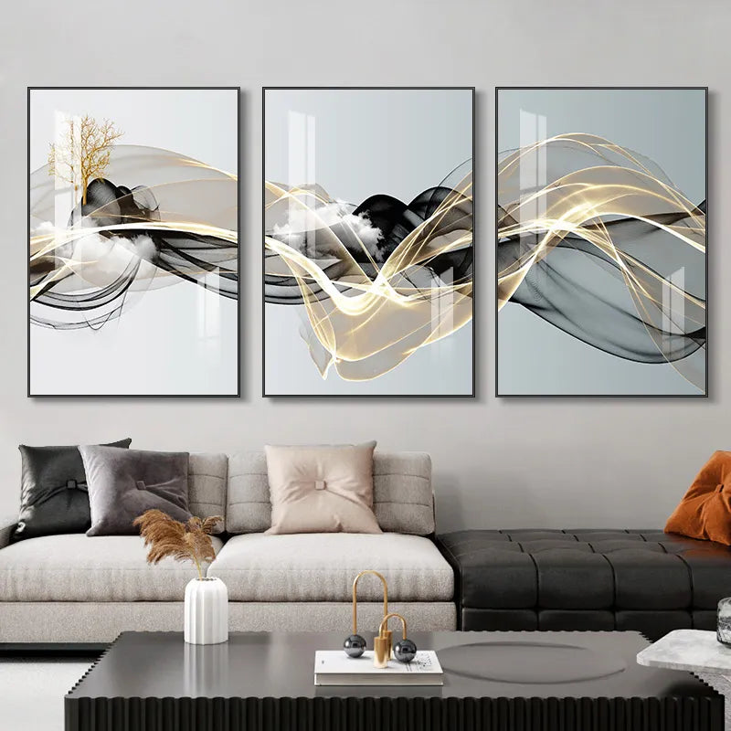 3 Pieces Nordic Luxury Ribbon Abstract Landscape Wall Art Canvas Paintings Modern Gold Deer Poster Print Picture for Home Decor - NICEART