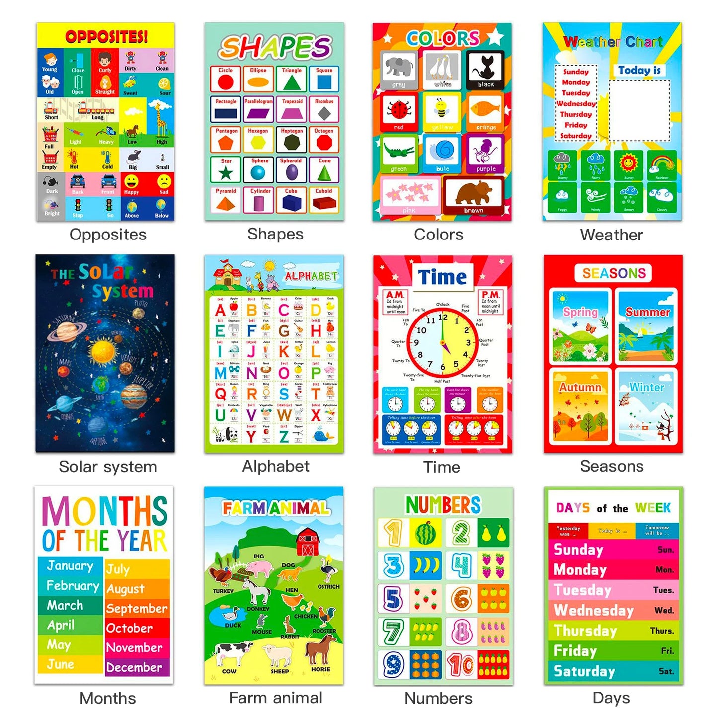 A3 Set English Learning Poster Colors Months Numbers Animals Alphabet Shapes Preschool Kindergarten Early Education Kids Posters - NICEART