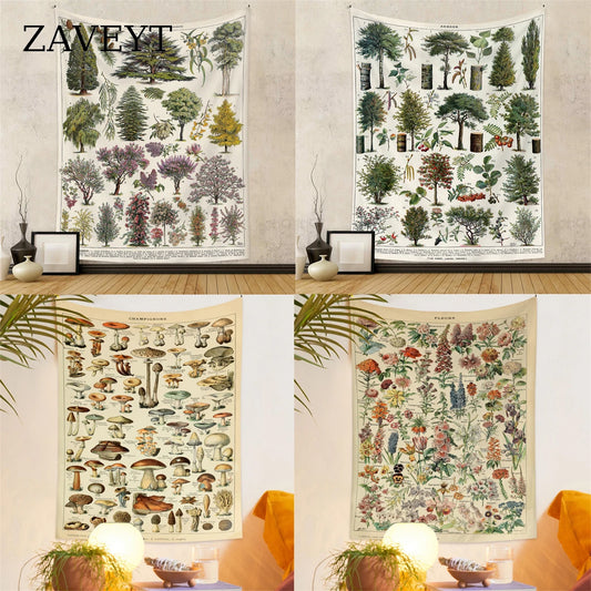 ZAVEYT Hot Vintage Tree Mushroom Flower Specimen Pattern Tapestry Aesthetic Wall Hanging Cloth Home Room Decor Gifts