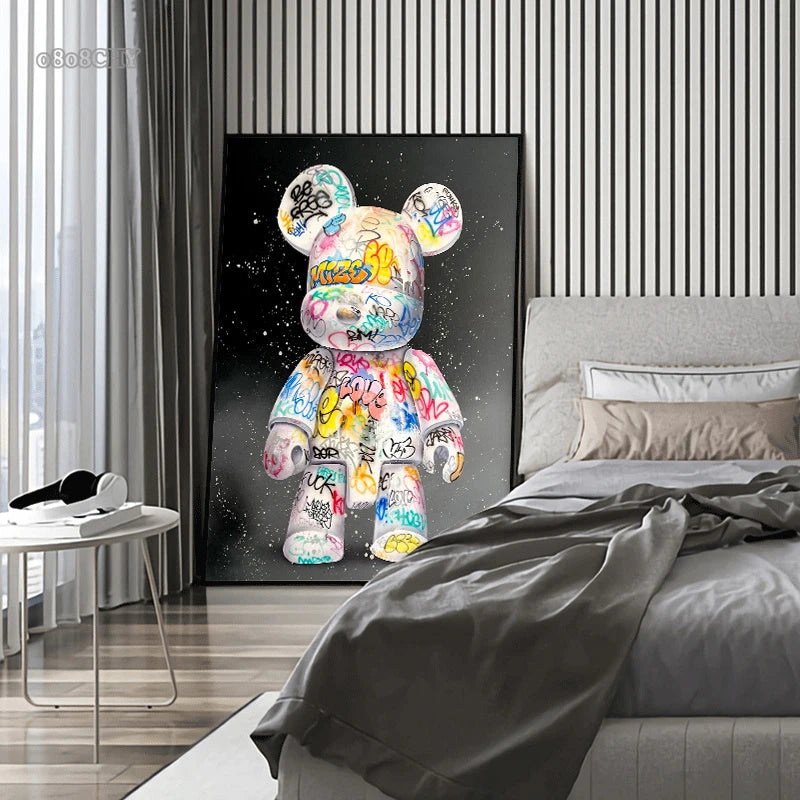 Cute Bear Graffiti Canvas Painting Cartoon Character Pop Art Posters Prints Street Wall Art Picture for Home Kawaii Room Decor - NICEART