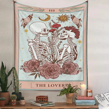 Print Skull Couple Wedding Tapestry Tarot Card Star Moon Psychedelic Divination Bohemian Wall Cloth Skeleton Rose Flower Blanket