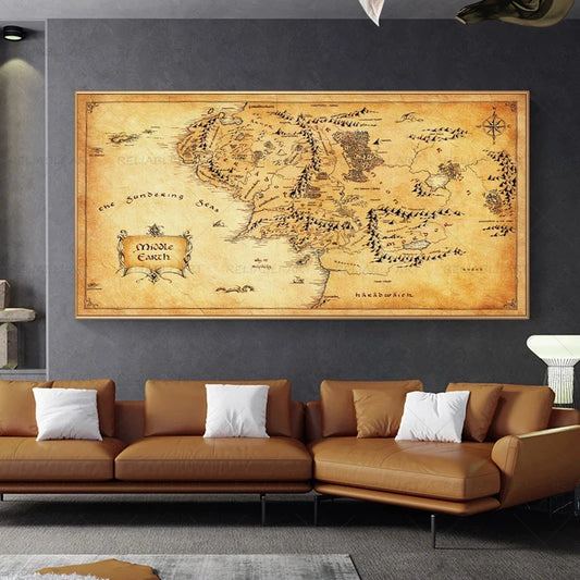 Retro The-Lord-of-Rings Map Canvas Painting Vintage Middle-earth Map Poster Movie Wall Art Pictures for Home Living Room Decor - niceart