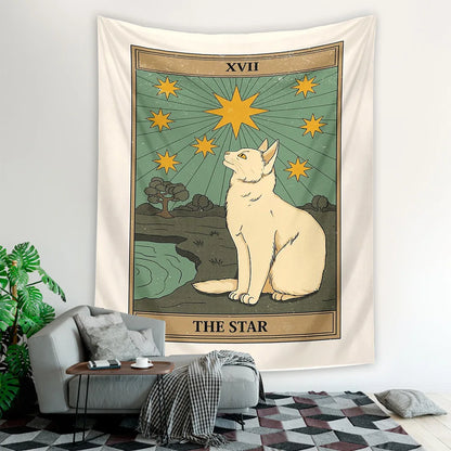 75x58cm Mystery Divination Cat Tarot Card Tapestry Wall Hanging Boho Hippie Sun Moon Star Cloth Tapestry Interior Dorm Decor