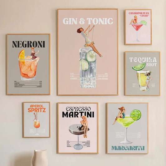 Retro Drink Cocktail With Cowgirl Poster Whiskey Gin And Tonic Mojito Canvas Painting Wall Art Pictures Home Bar Decor Gift - NICEART