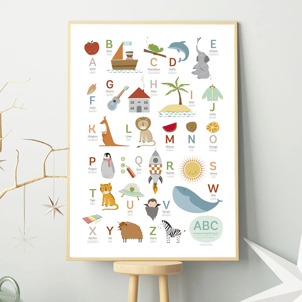 ABC Poster German English Poster and Print Kids Animal Learning Education Pictures Decoration Wall Art Canvas Painting Nursery - NICEART