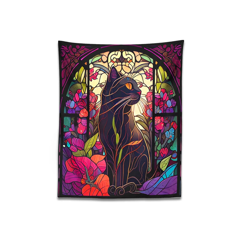 Mystery Cat Tapestry Wall Hanging Stained Glass Floral Wall Art Print Cute Cat Wall Decor Cat Lovers Gift Boho Home Room Decor