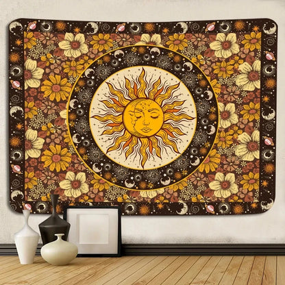 Sun Moon Tapestry Vintage Boho Tapestries Wall Hanging with Sunflowers Moth Constellation Aesthetic for Bedroom Dorm Living Room - NICEART