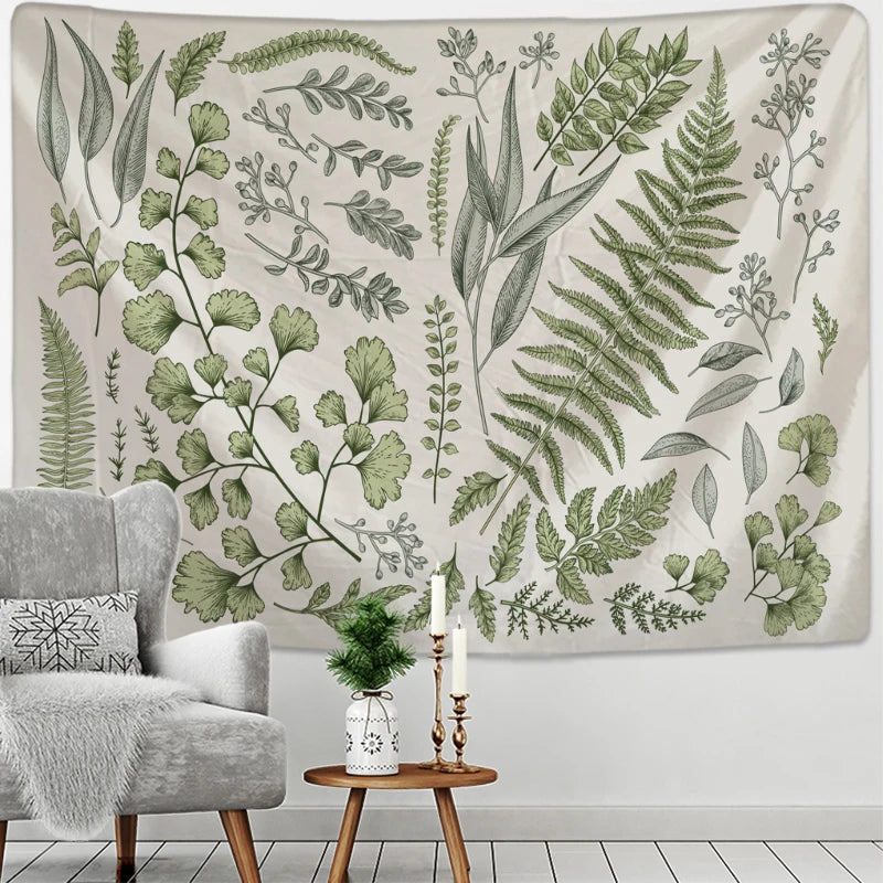 Floral And Green Plants Tapestry Wall Hanging Fern Leaves Boho Nature Landscape Aesthetic Room Home Decor