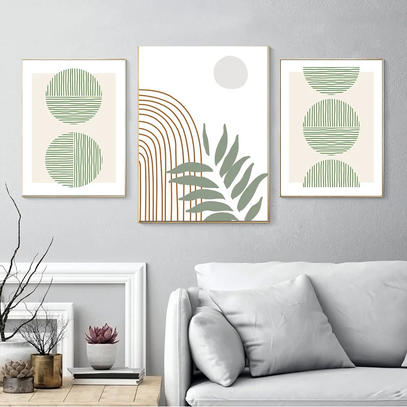 Green Line Leaves Geometry Abstract Boho Room Decor Modern Wall Art Canvas Painting Nordic Poster And Wall Prints For Home Decor - niceart