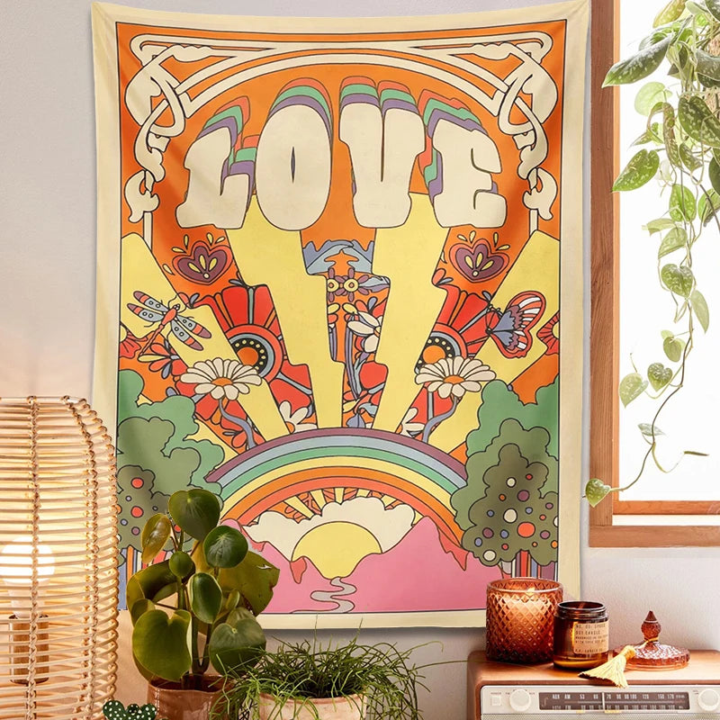 70s Retro Tapestry Vintage LOVE Sun rainbow Wall Art Printed plant flower Psychedelic Hippie Wall Living Room Bedroom Home Decor