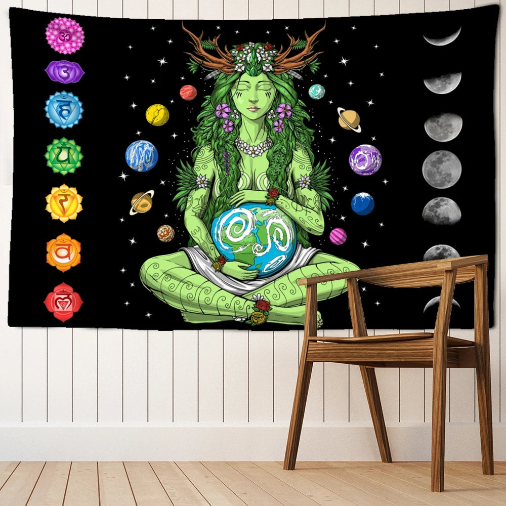Green Girl Seven Chakra Tapestry Wall Hanging Abstract Psychedelic Witchcraft Art Bohemian Dormitory Living Room Home Decor