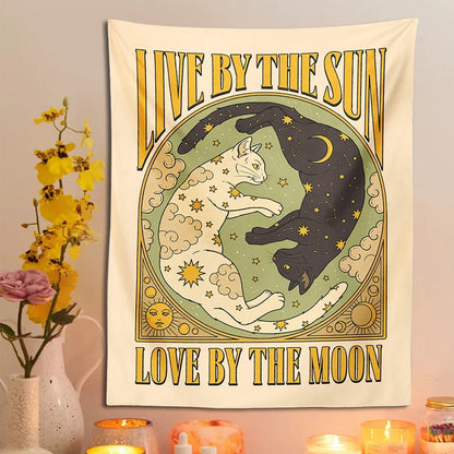 Sun Moon cat Tapestry Wall Hanging Tarot retro black white cat psychedelic love star for Living Room Home Dorm Decor Cloth gift - NICEART