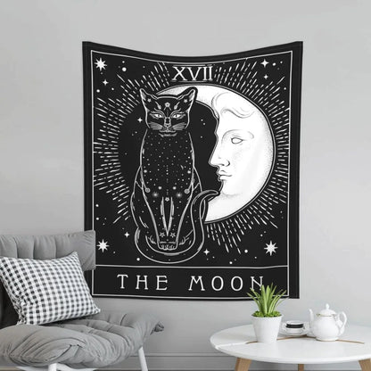 Tarot Cat on Moon Psychedelic Tapestry Wall Hanging Black White Mysterious Divination Witchcraft Tapestries Hippie Decor