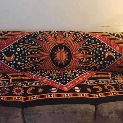 Hippie Mandala sun and moon man-made poster tapestry wall hanging - India gold burning sun star psychedelic pop mysterious beach