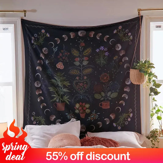 Moon Phase Tapestry Wall Hanging Botanical Celestial Floral Wall Tapestry Hippie Flower Wall Carpets Dorm Decor Starry SkyCarpet - NICEART