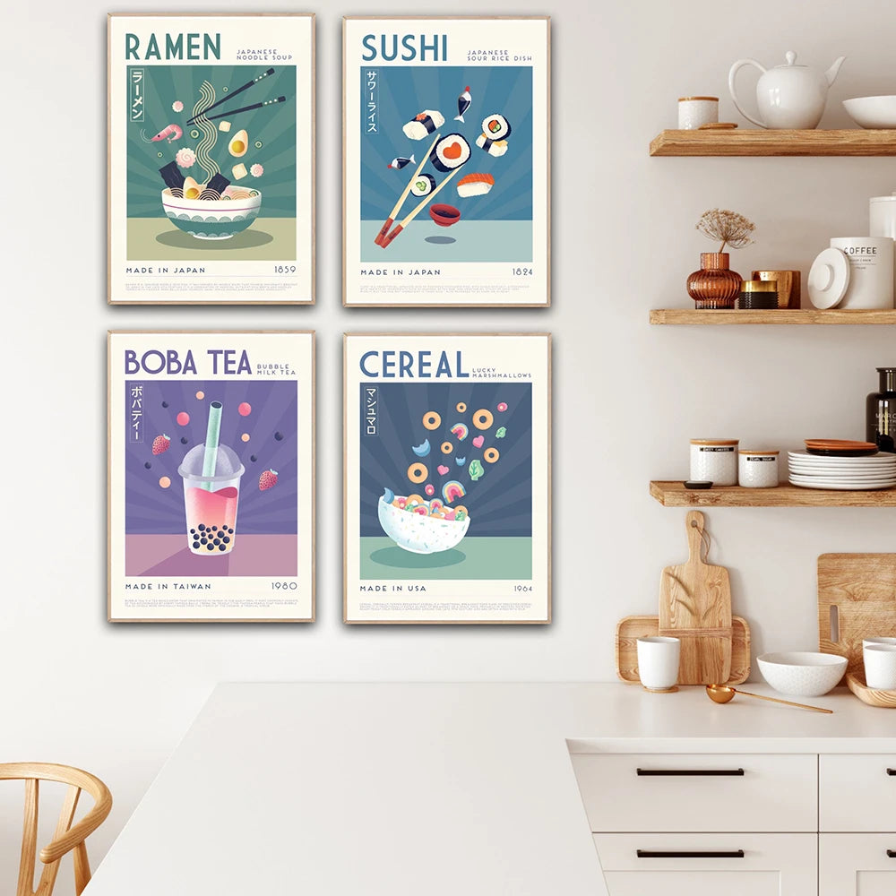 Canvas Painting Japanese Food Wall Art Prints Funny Ramen Sushi Boba Tea Cereal Poster Kitchen Art for Living Room Home Decor - niceart