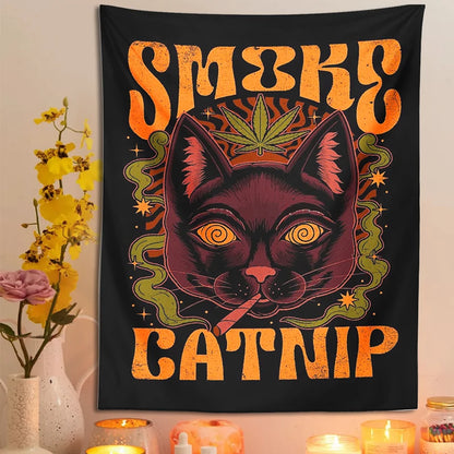 Smoke Catnip Tapestry Wall Hanging retro tarot cat smoke leaf Mysterious Divination Witchcraft Black Cool home dorm room Decor - NICEART