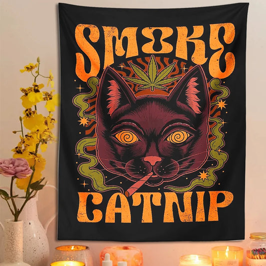 Smoke Catnip Tapestry Wall Hanging retro tarot cat smoke leaf Mysterious Divination Witchcraft Black Cool home dorm room Decor