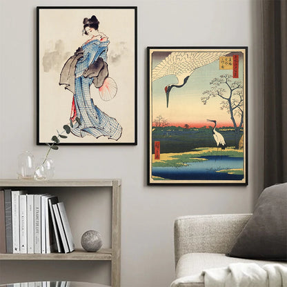 Japanese Landscape Poster Moonlit Night Mt Fuji Canvas Painting Huge Waves Art Print Asian Crane Wall Picture Living Room Decor - niceart