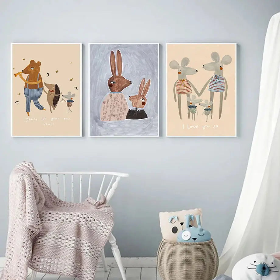 Mouse Family Rabbit Fox Hedgehog Dance Nursery Poster Nordic Wall Art Print Canvas Painting Boho Pictures For Bedroom Baby Decor - niceart
