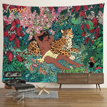 Hippie Psychedelic Tiger Tapestry Wall Hanging Boho Room Decor Aesthetic Mysterious Flower Jungle Moon Landscape Forest Tapestry