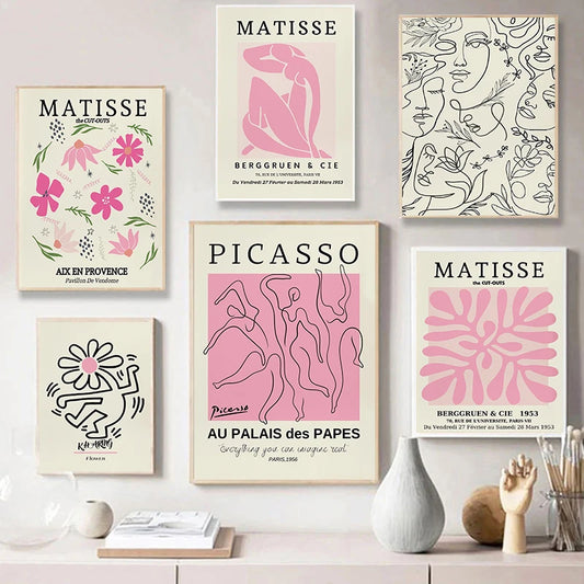 Pink Picasso Dancers The Museum Art Exhibition Poster Keith Line Woman Face Prints Matisse Flower Wall Picture Living Room Decor - NICEART