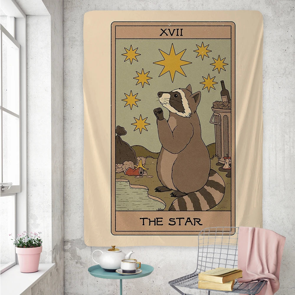 Raccoon Tarot Tapestry Phycadelic Wall Hanging Mysterious Art Wall Boho Witchcraft Hippie Kawaii Aesthetic Room Home Decor