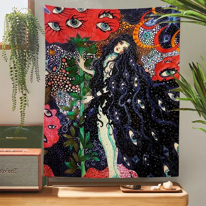 Psychedelic Girl Tapestry Wall Hanging Botanical Celestial Floral Tapestry Hippie Eye Wall Carpets Dorm Decor Starry SkyCarpet