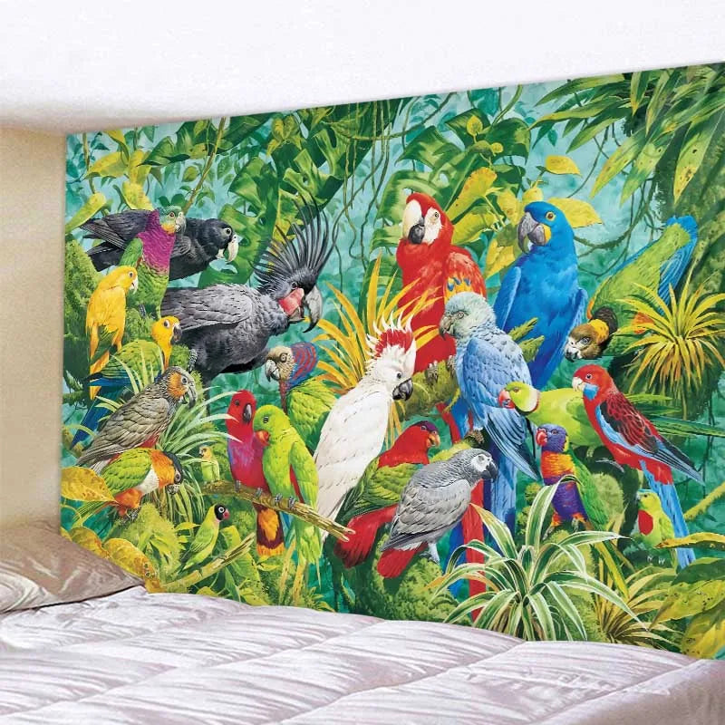 Jungle birdsong Floral Art Deco tapestry psychedelic scene wall hanging Bohemian aesthetic room bedroom home decor