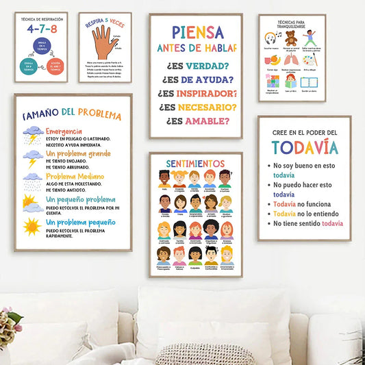 Spanish Child Education Emotion Yoga Weather Nursery Poster Nordic Wall Art Print Canvas Painting Pictures Baby Kids Room Decor - NICEART