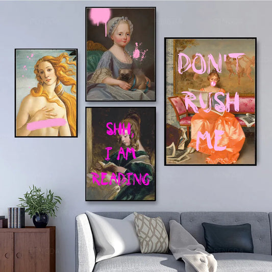 I'm Reading Posters, Funny vintage Altered Art Girl with Book Wall Pictures, Neon Pink Canvas Painting Living Room Home Decor - niceart