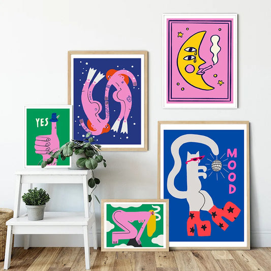 Cartoon Cat Mood Pisces Aries Poster Print Abstratc Body Moon Lady Wall Art Pictures for Kid Bedroom Nordic Decor Canvas Cuadros - NICEART