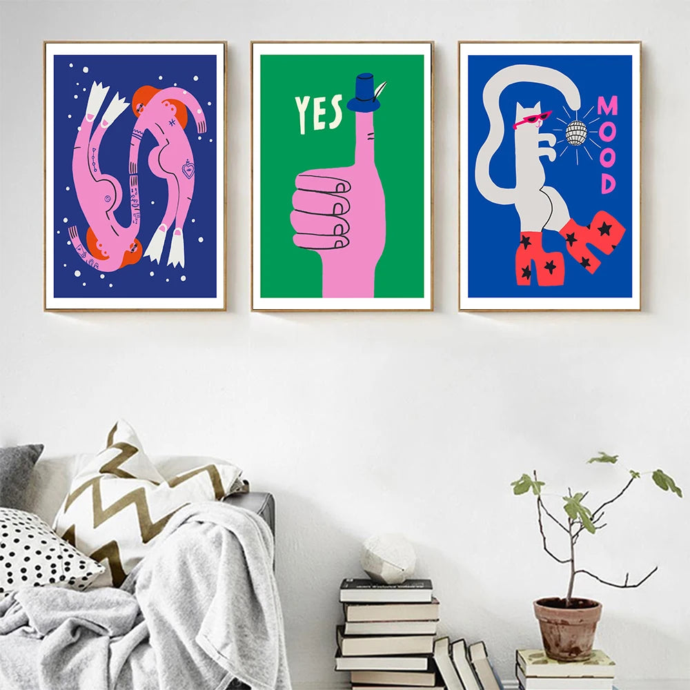 Cartoon Cat Mood Pisces Aries Poster Print Abstratc Body Moon Lady Wall Art Pictures for Kid Bedroom Nordic Decor Canvas Cuadros - NICEART