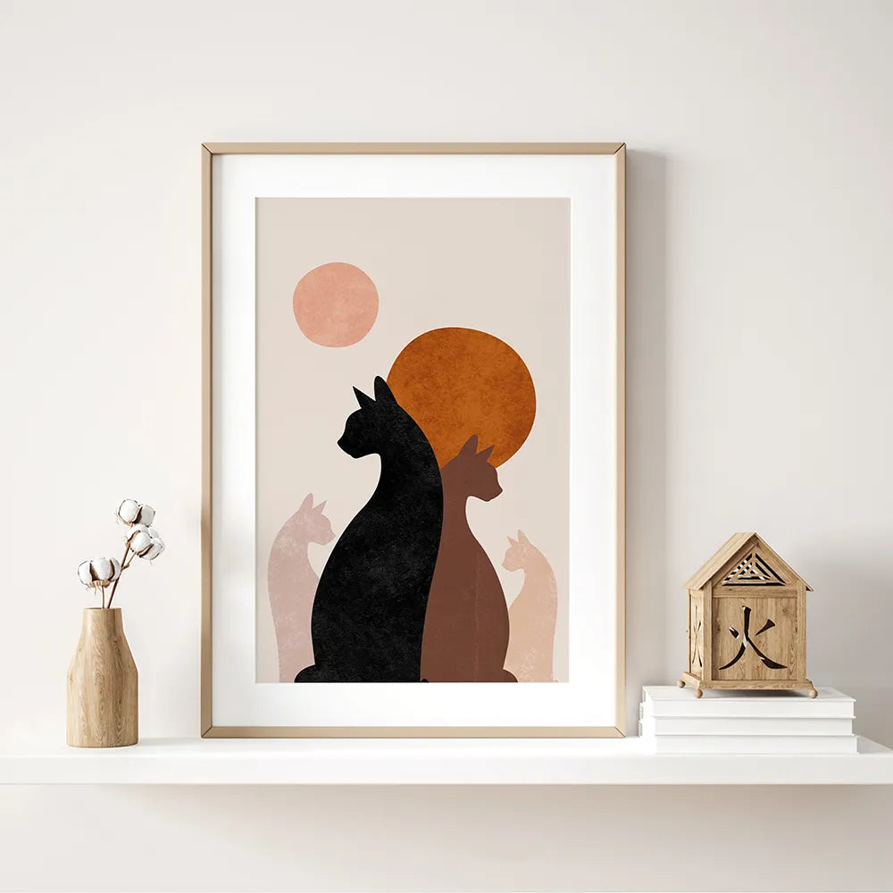 Abstract Boho Sun Bowls Black Cats Print Wall Art Nursery Decor Minimalist Neutral Cat Canvas Painting Modern Room Decor Poster - NICEART